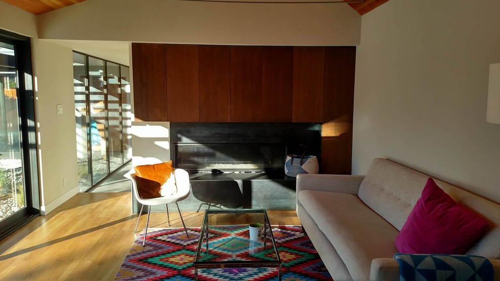 Midcentury open plan games room in Boston with white walls, light hardwood flooring, a standard fireplace, a metal fireplace surround and a concealed tv.