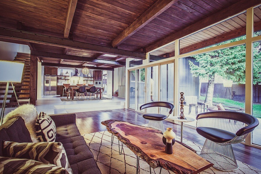 Example of a mid-century modern family room design in Salt Lake City