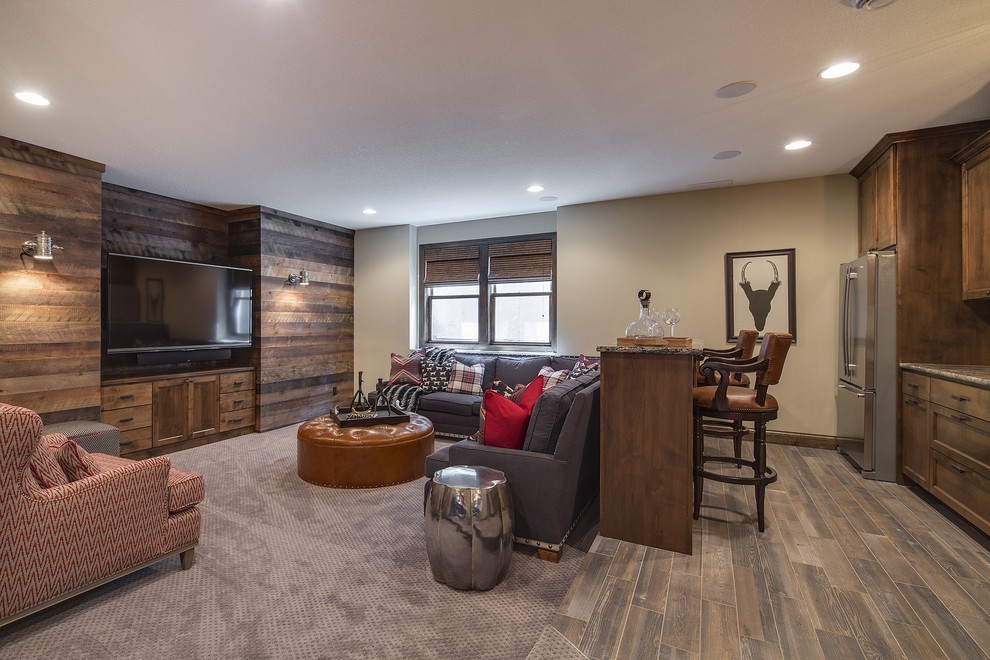 Inspiration for an expansive traditional open plan games room in Minneapolis with a game room, beige walls, a wall mounted tv and carpet.
