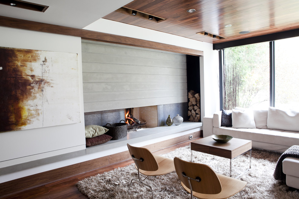 Example of a mid-century modern family room design in Toronto with white walls, a standard fireplace and a metal fireplace