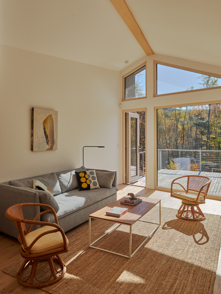 Foto de sala de estar actual con paredes beige, suelo de madera en tonos medios y suelo marrón