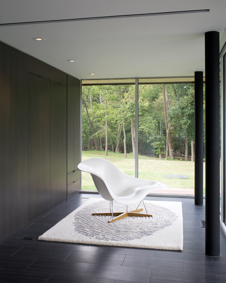 Foto de sala de estar minimalista con paredes marrones y alfombra