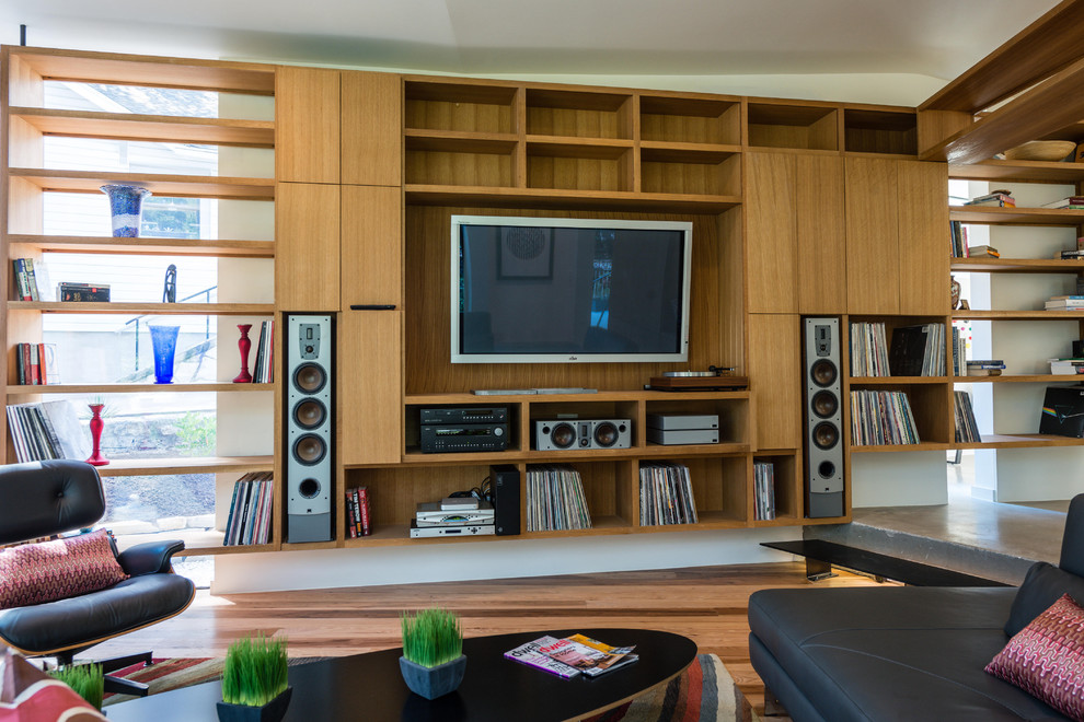 Идея дизайна: гостиная комната в стиле модернизм с музыкальной комнатой