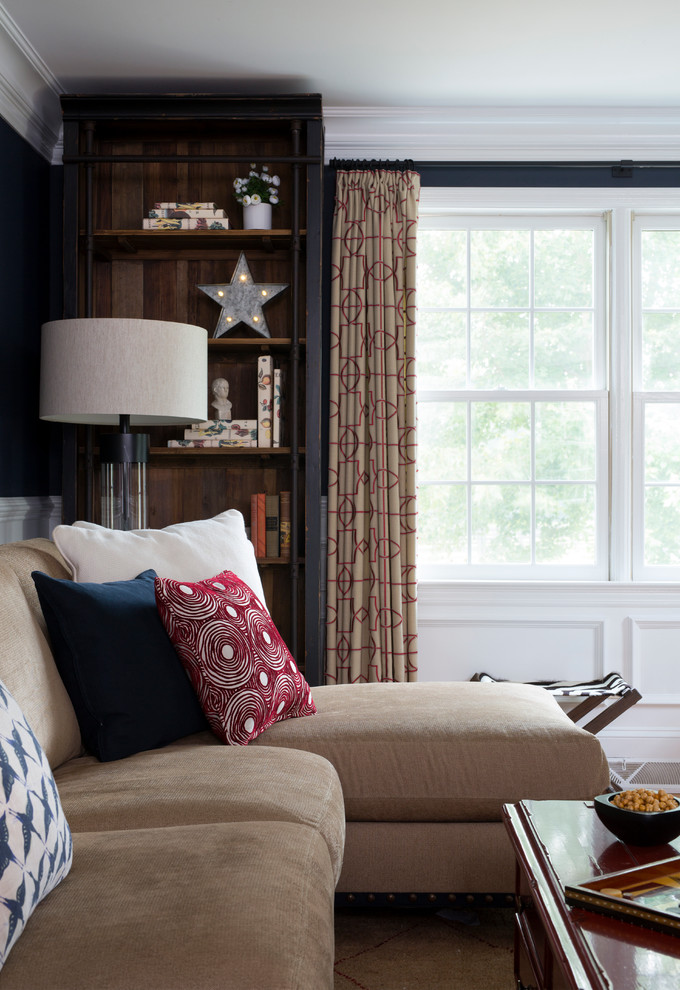 Diseño de sala de estar con biblioteca cerrada campestre de tamaño medio sin chimenea y televisor con paredes azules y suelo de madera en tonos medios