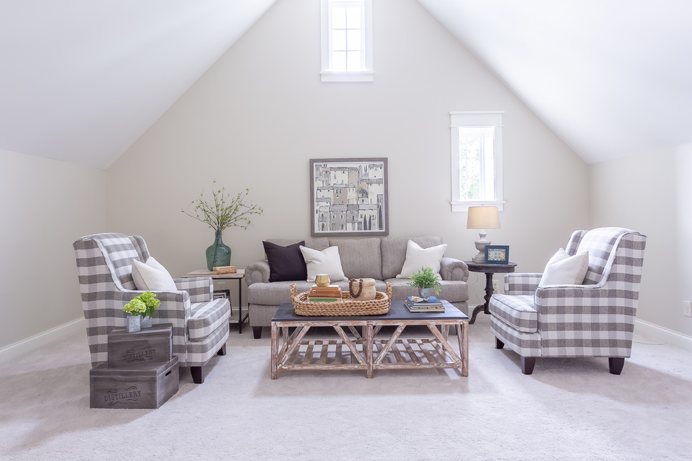 Diseño de sala de estar campestre con moqueta y suelo blanco