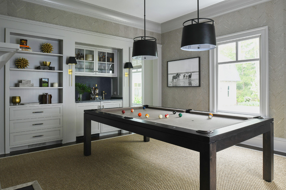 Photo of a farmhouse enclosed games room in New York with grey walls, dark hardwood flooring and brown floors.