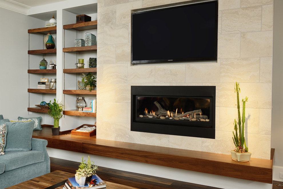Example of a mid-sized minimalist open concept dark wood floor family room design in Raleigh with white walls, a standard fireplace, a tile fireplace and a media wall
