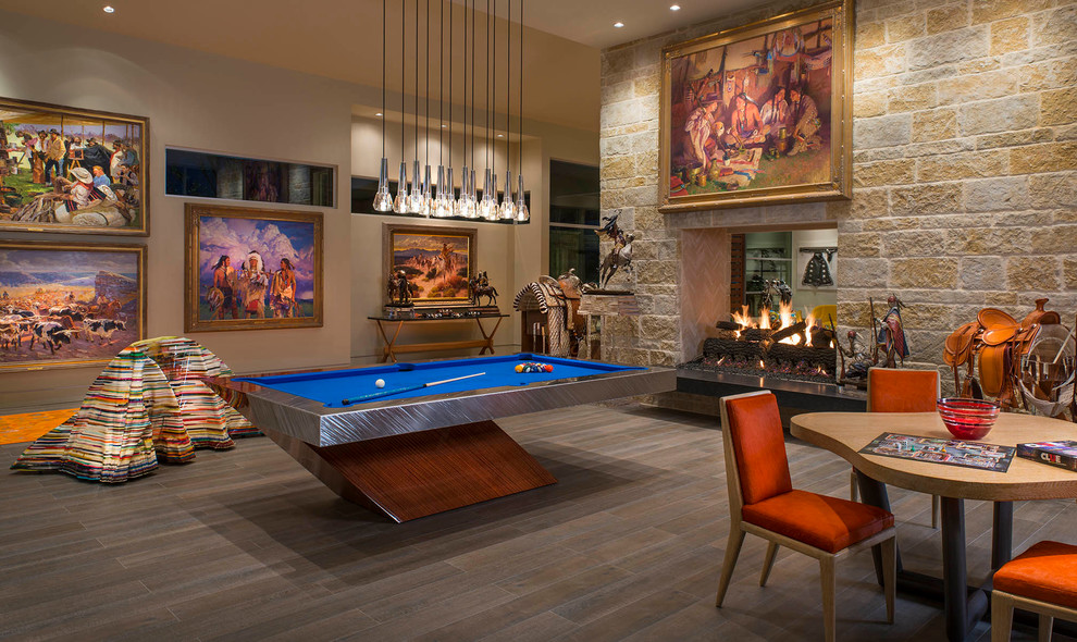 Photo of a large contemporary games room in Austin with porcelain flooring.