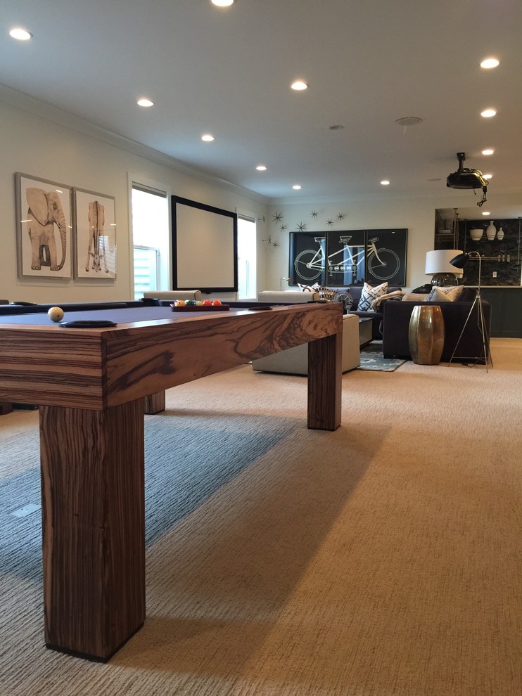 Inspiration for a large contemporary open plan games room in Orange County with a game room, white walls, carpet and beige floors.