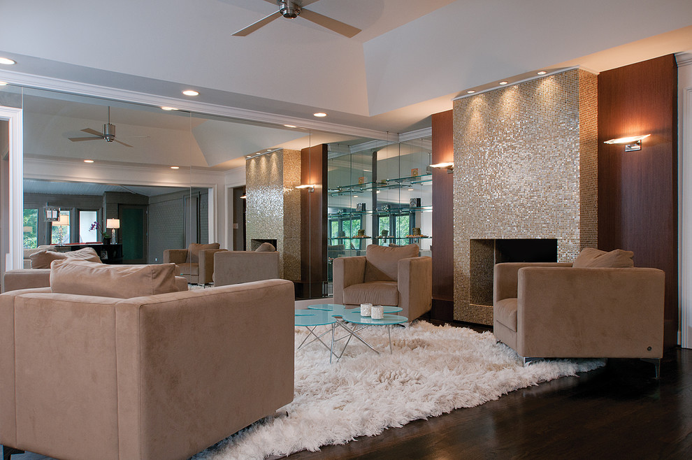 Family room - contemporary dark wood floor family room idea in Atlanta with a standard fireplace and a tile fireplace