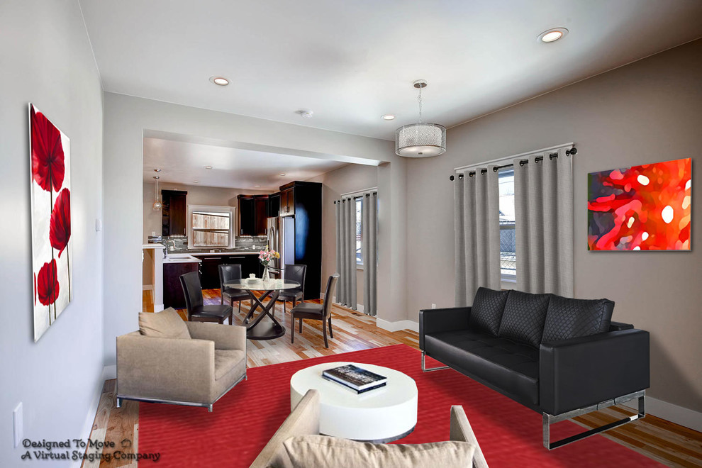 Modelo de sala de estar cerrada minimalista de tamaño medio con paredes grises y suelo de madera en tonos medios