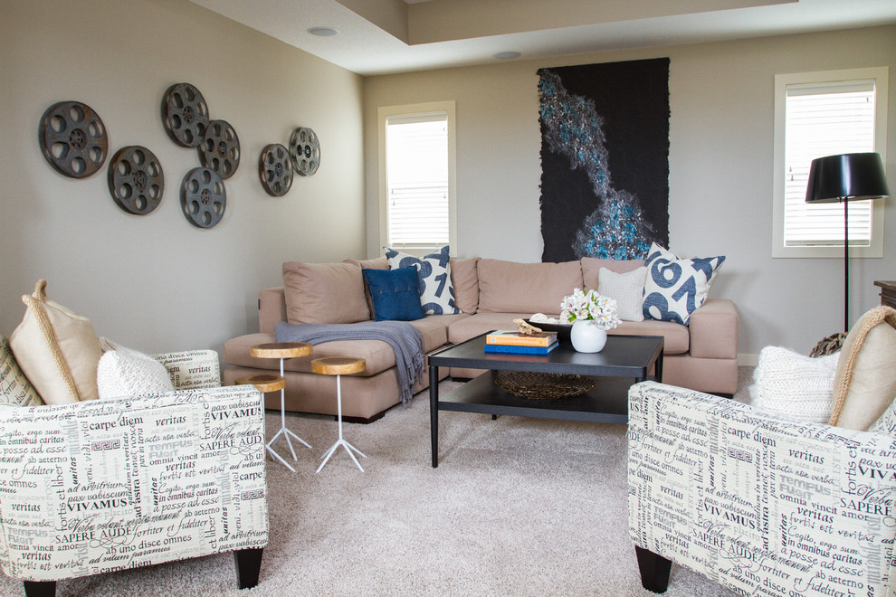 Example of a transitional family room design in Calgary