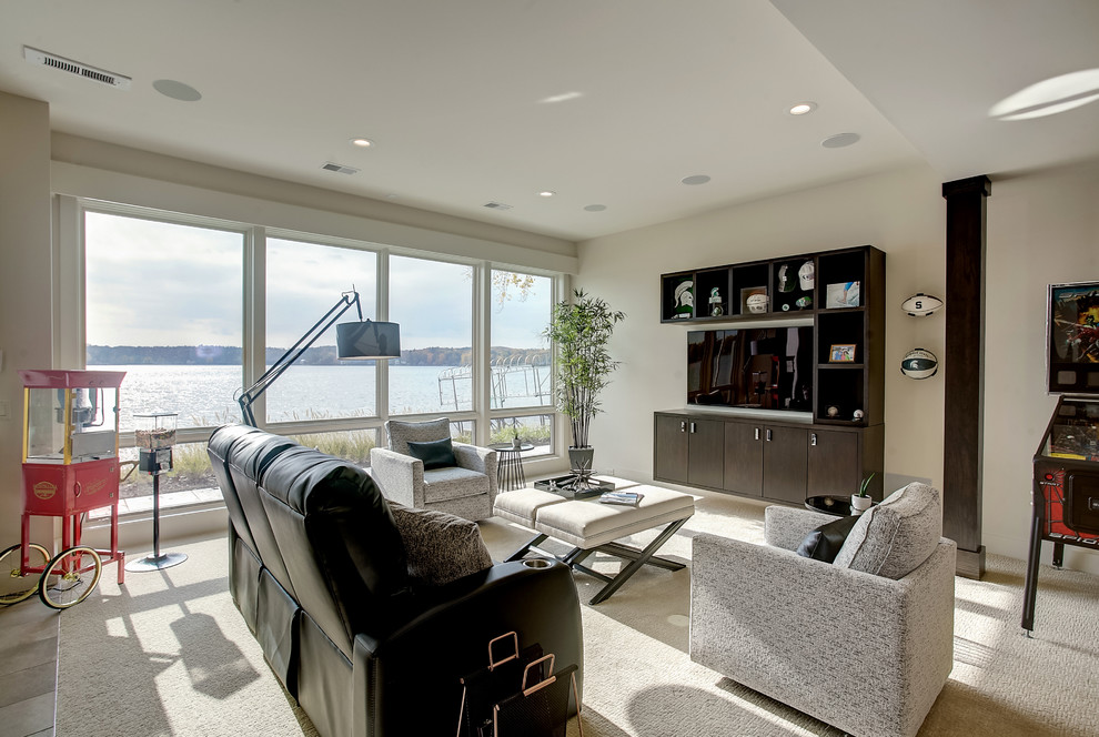 Inspiration for a medium sized contemporary open plan games room in Grand Rapids with a game room, white walls, carpet, a built-in media unit and no fireplace.