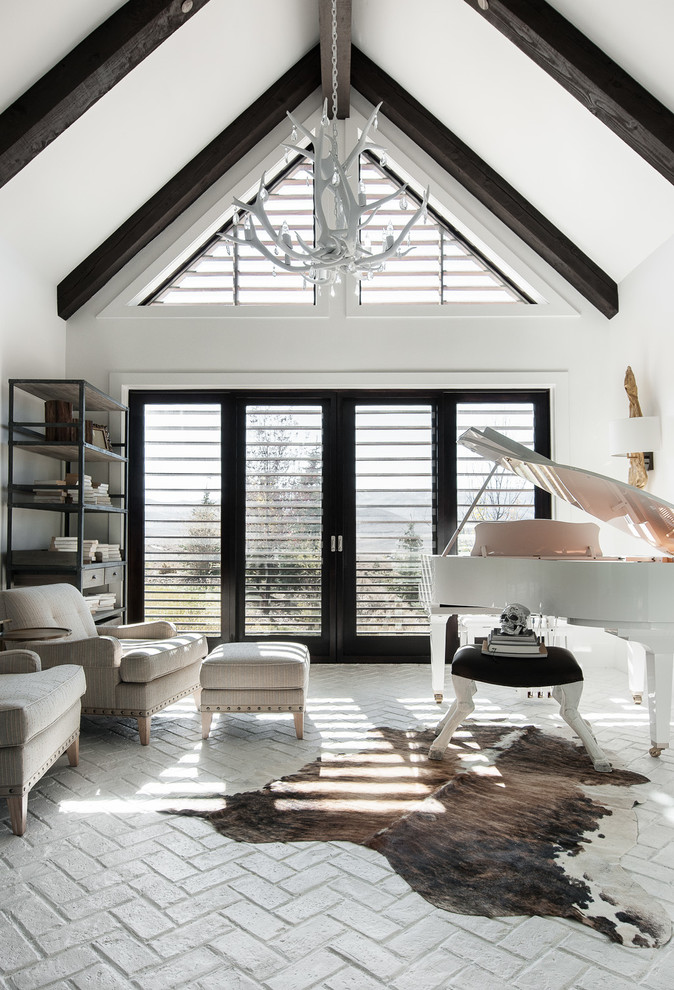 Inspiration for a contemporary brick floor family room remodel in Salt Lake City with a music area and white walls