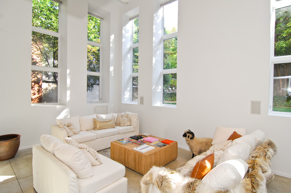 Diseño de sala de estar contemporánea con paredes blancas y suelo de cemento