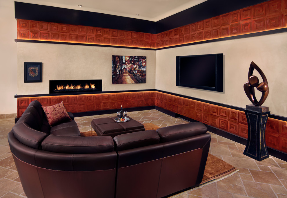 Design ideas for a large contemporary open plan games room in Phoenix with a wall mounted tv, white walls, travertine flooring, a ribbon fireplace and a plastered fireplace surround.