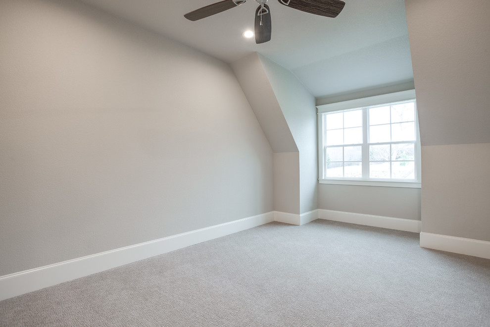 Large classic enclosed games room in Dallas with a game room, grey walls, carpet, no fireplace and no tv.