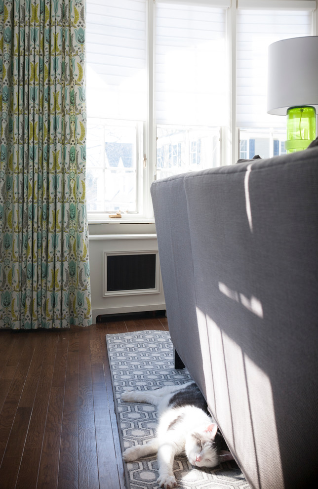 Mittelgroßes, Offenes Klassisches Wohnzimmer ohne Kamin mit grauer Wandfarbe und braunem Holzboden in Boston