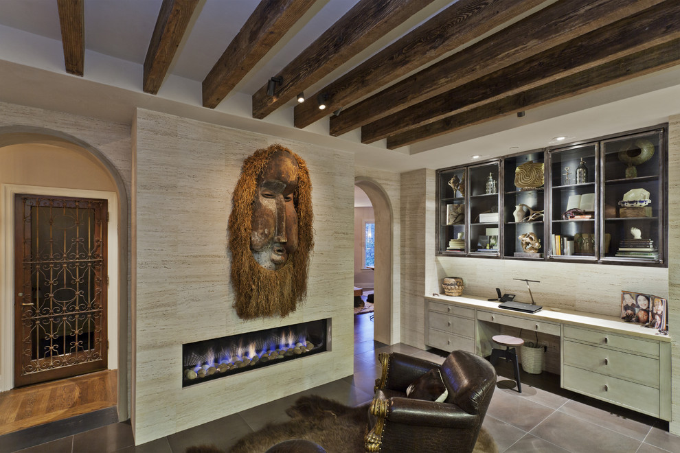 Inspiration for a rustic enclosed family room remodel in San Francisco with beige walls and a ribbon fireplace