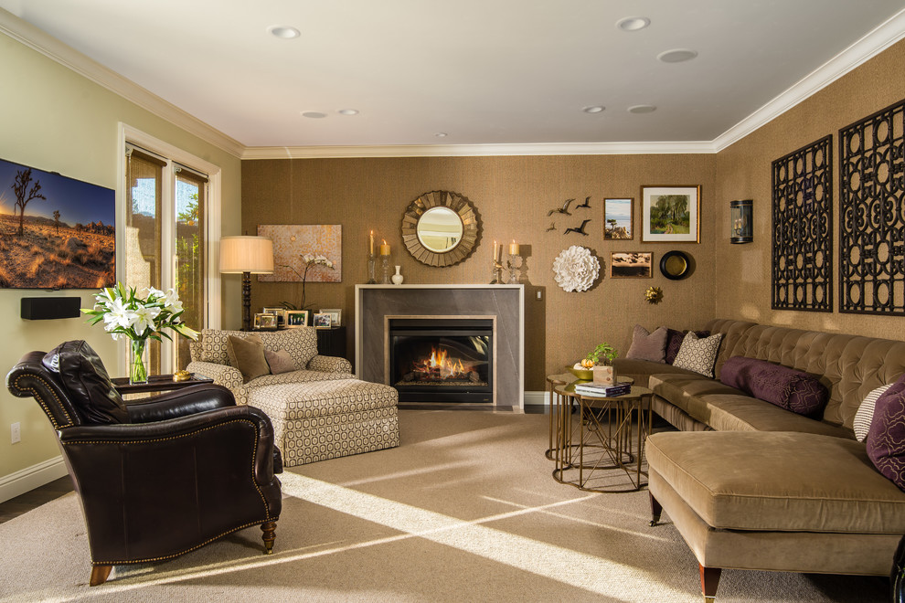 Inspiration for a mid-sized timeless enclosed dark wood floor family room remodel in Other with a standard fireplace, a stone fireplace, a wall-mounted tv and brown walls