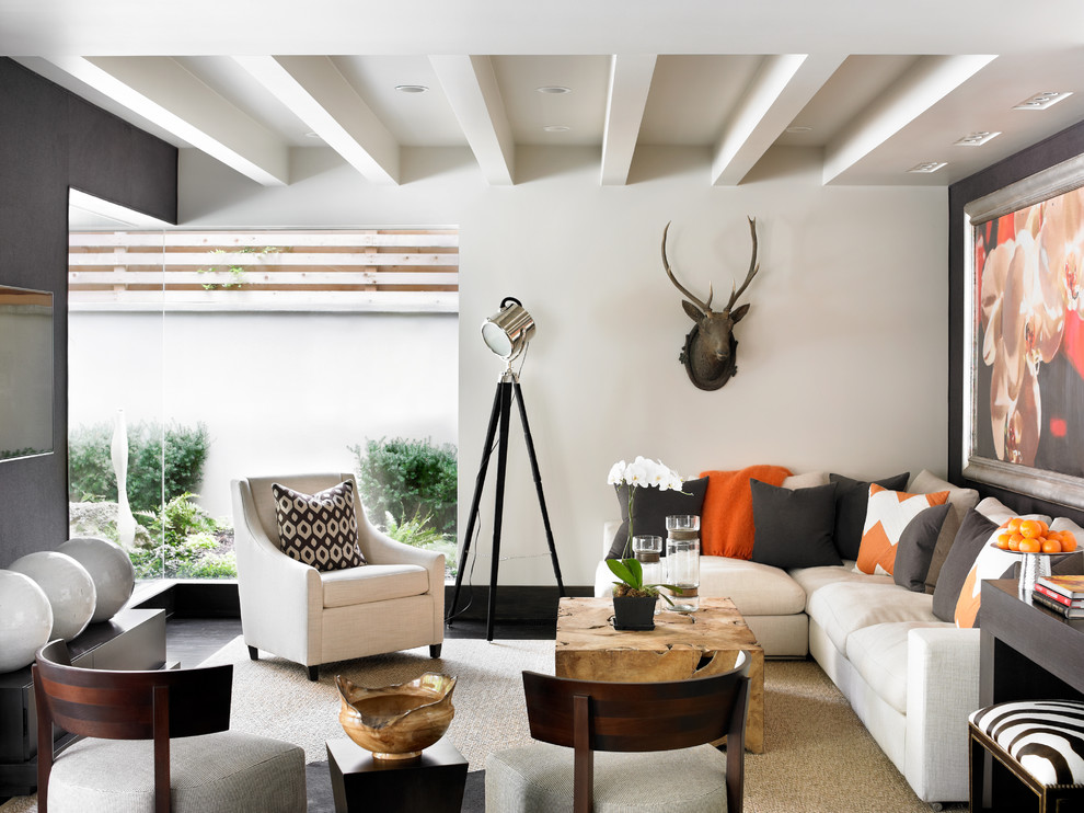 Contemporary enclosed games room in Atlanta with grey walls.