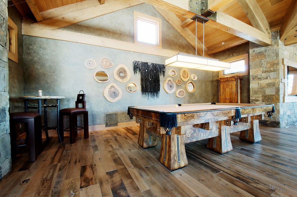 Inspiration for a rustic dark wood floor family room remodel in Denver with gray walls
