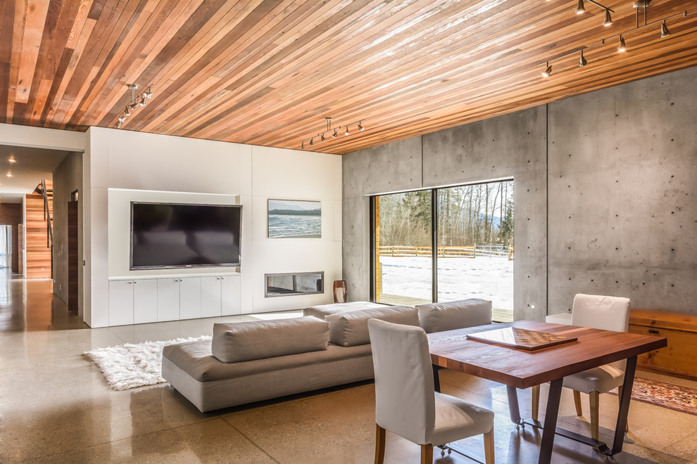 Imagen de sala de estar abierta minimalista con paredes grises, televisor colgado en la pared, suelo de cemento y suelo gris