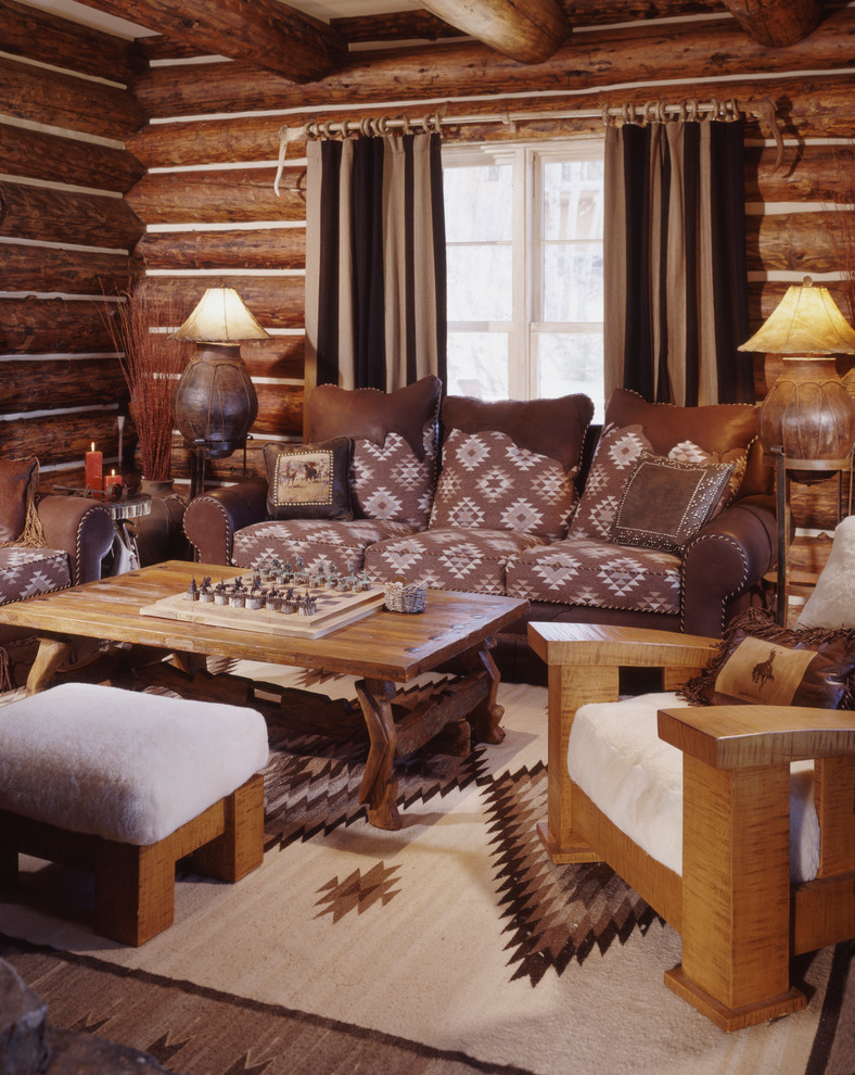 Inspiration for a rustic enclosed family room remodel in Denver with brown walls