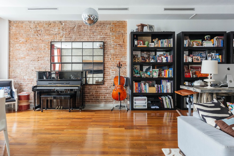 Bohemian games room in New York with a music area.