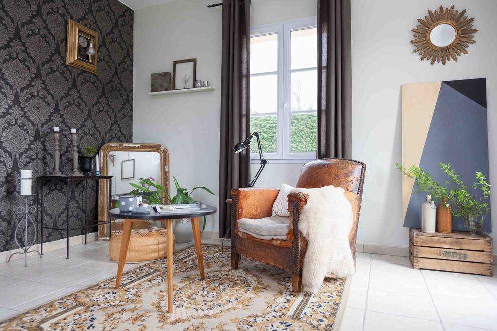 Trendy family room photo in Other with white walls