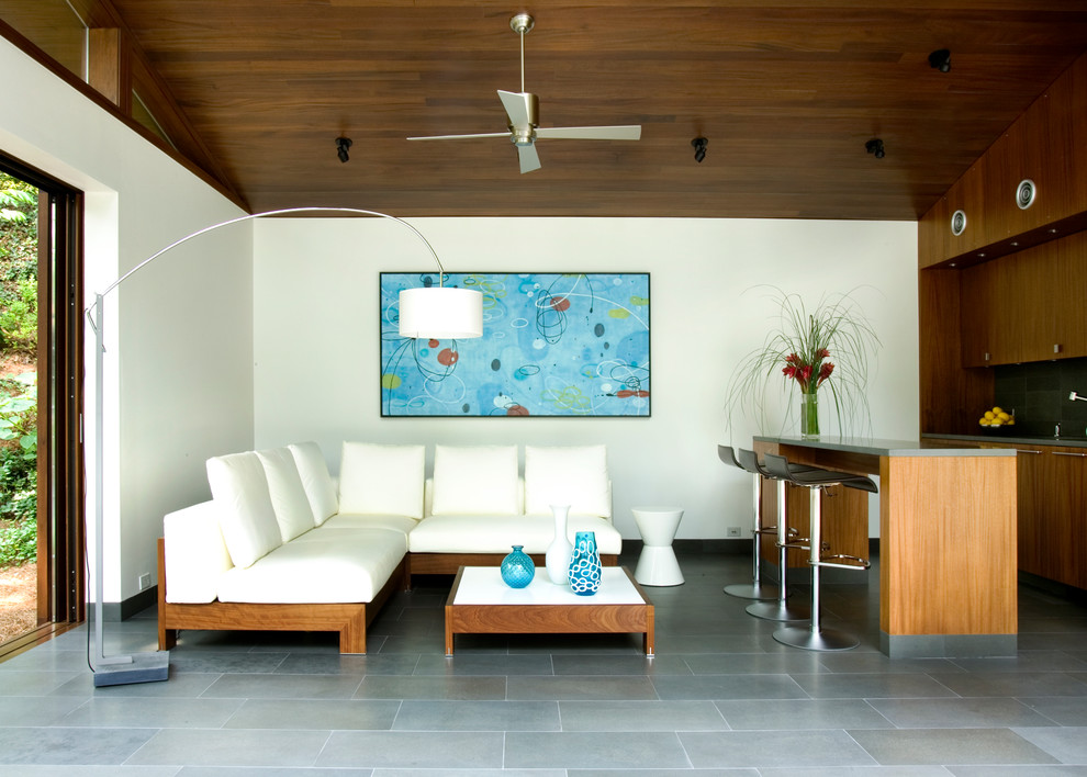 Modelo de sala de estar con barra de bar abierta contemporánea de tamaño medio con paredes blancas y suelo gris