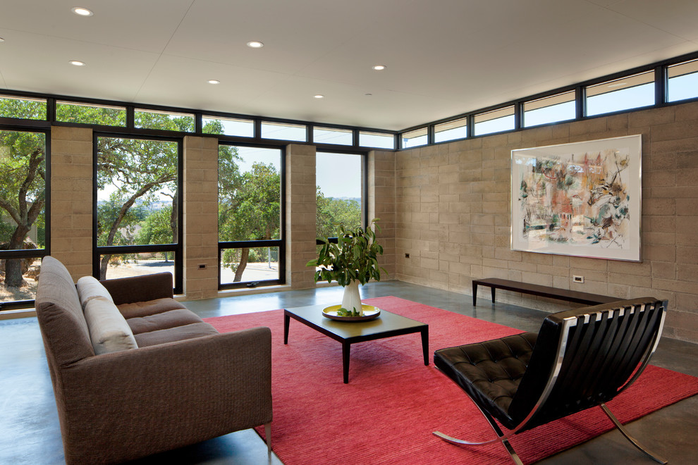 Источник вдохновения для домашнего уюта: открытая гостиная комната среднего размера в стиле модернизм с коричневыми стенами, бетонным полом и ковром на полу без телевизора