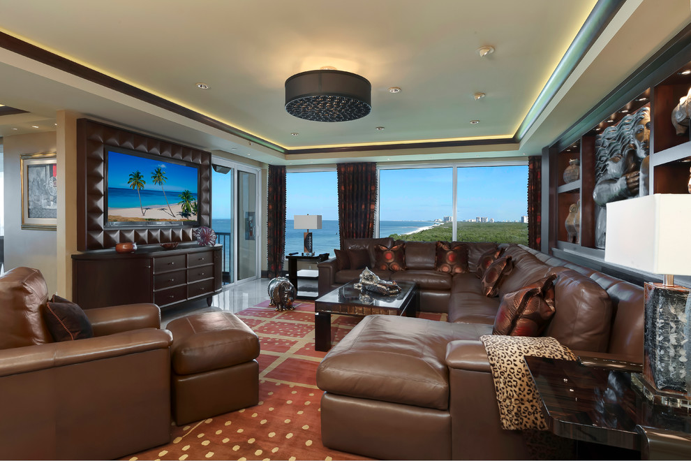 Design ideas for a large classic enclosed games room in Miami with beige walls, no fireplace, a built-in media unit and carpet.