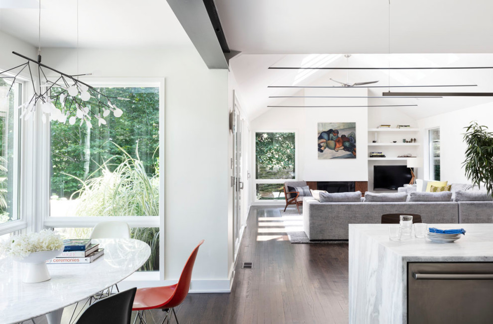 Offenes, Mittelgroßes Modernes Wohnzimmer mit weißer Wandfarbe, dunklem Holzboden, Gaskamin, Kaminumrandung aus Holz, braunem Boden und Eck-TV in New York
