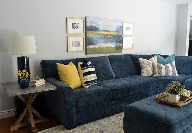 Navy sectional with yellow, gray and blue patterned pillows - Transitional  - Family Room - Salt Lake City - by Kami Beck Interiors | Houzz