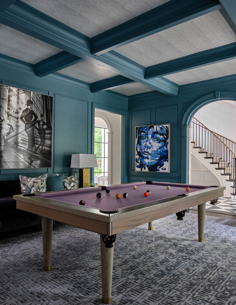 Photo of a traditional games room in Dallas with green walls, dark hardwood flooring and brown floors.
