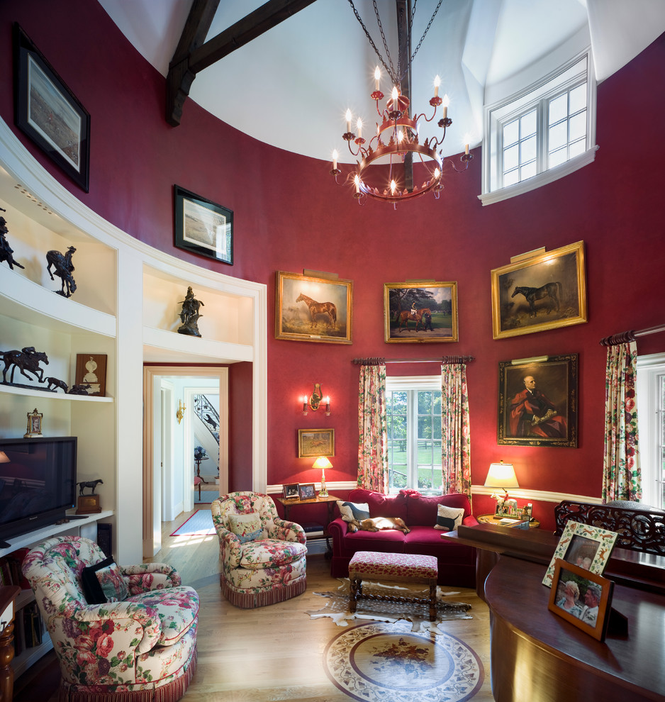 Ornate medium tone wood floor family room photo in Philadelphia with a music area, red walls and a tv stand
