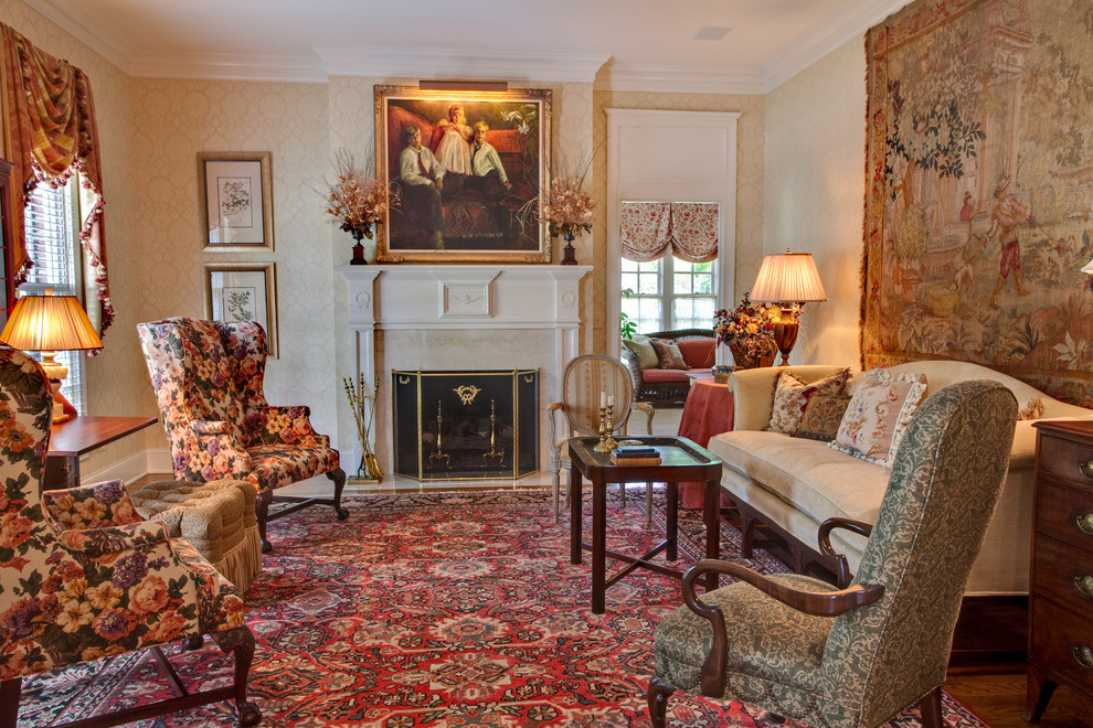 This is an example of a medium sized victorian enclosed games room in Nashville with white walls, carpet, a standard fireplace, a tiled fireplace surround, no tv and multi-coloured floors.