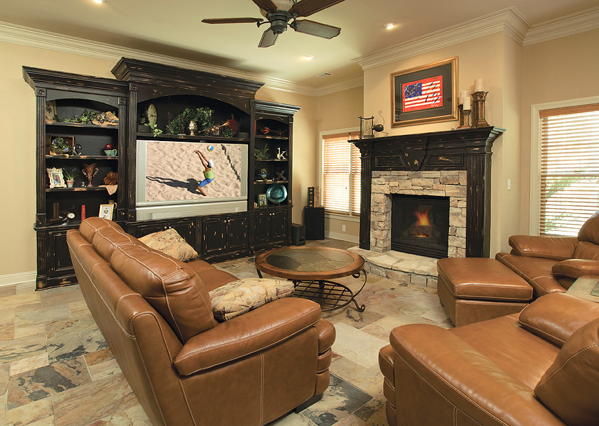 Inspiration for a large rustic open plan games room in Atlanta with a game room, beige walls, slate flooring, a standard fireplace, a stone fireplace surround and no tv.