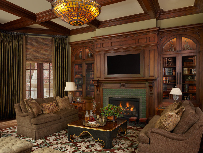 Design ideas for a classic games room in Detroit with a standard fireplace and a built-in media unit.