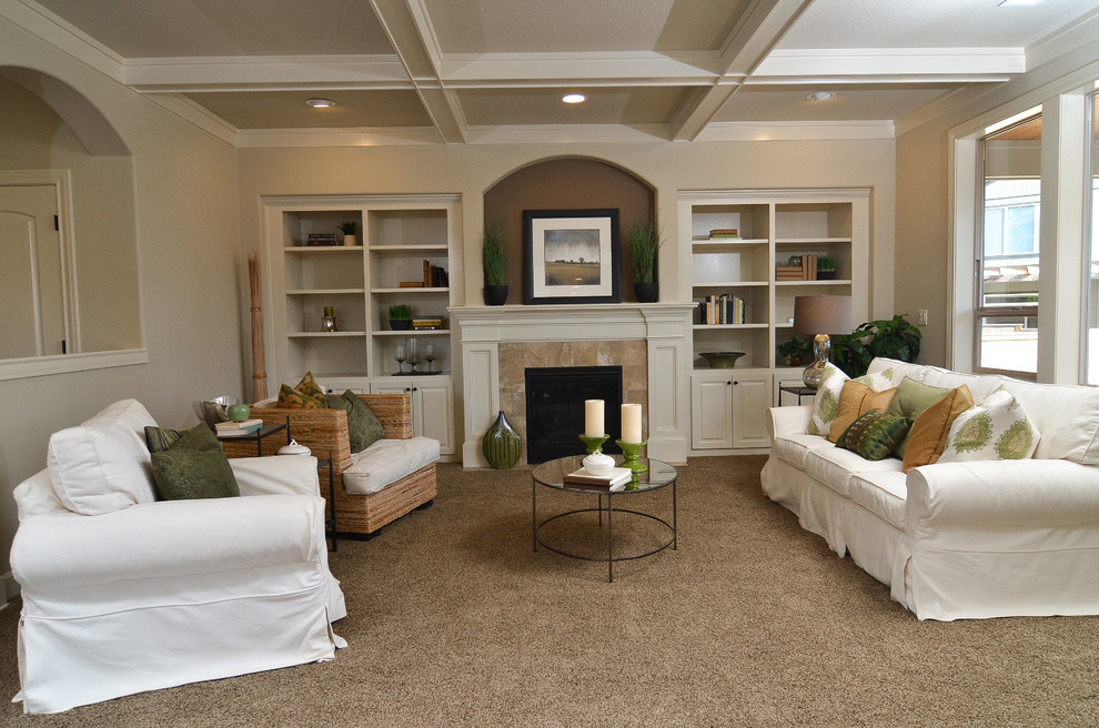 Inspiration for a mid-sized timeless open concept carpeted family room remodel in Portland with beige walls, a standard fireplace, a tile fireplace and no tv