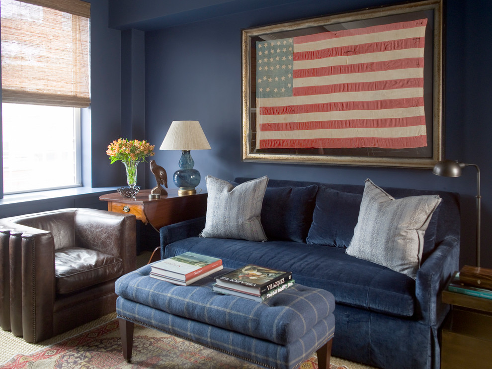 Свежая идея для дизайна: большая изолированная гостиная комната в современном стиле с синими стенами и ковровым покрытием - отличное фото интерьера