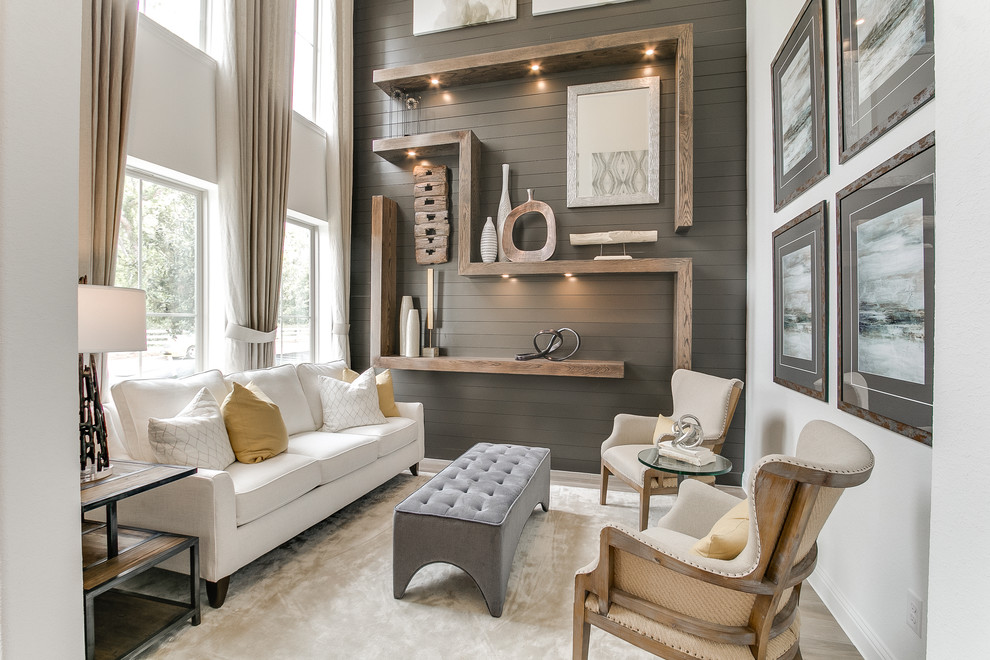 Inspiration for a modern brown floor and ceramic tile family room remodel in Houston with brown walls