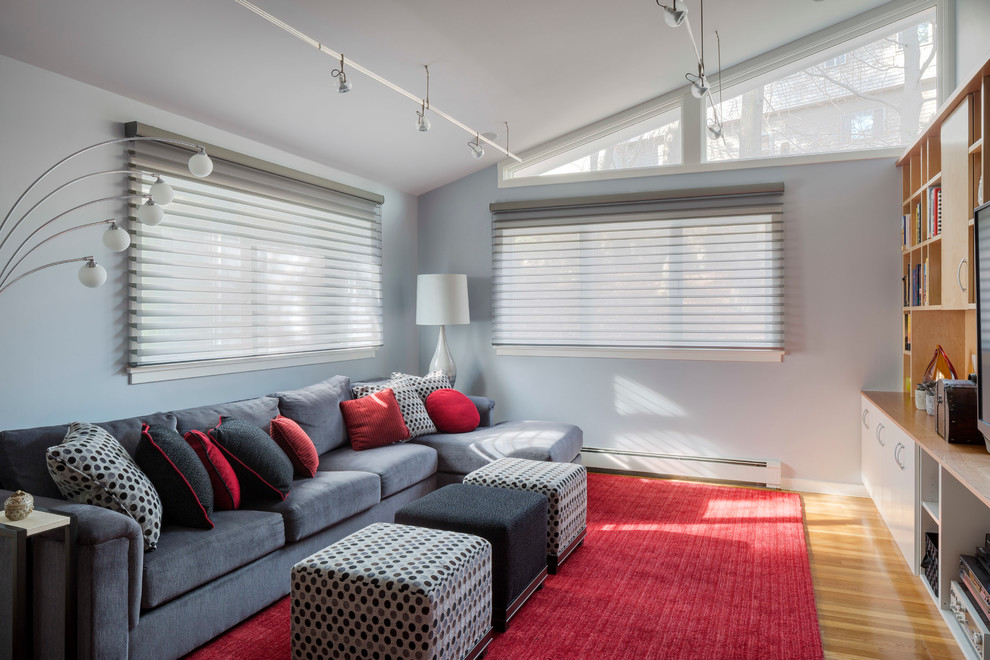 Ejemplo de sala de estar cerrada contemporánea de tamaño medio sin chimenea con paredes grises, suelo de madera clara y pared multimedia