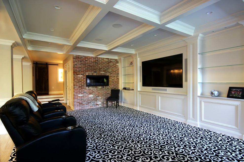 Example of a mid-sized transitional open concept carpeted and black floor family room design in New York with a bar, white walls, a ribbon fireplace, a brick fireplace and a media wall