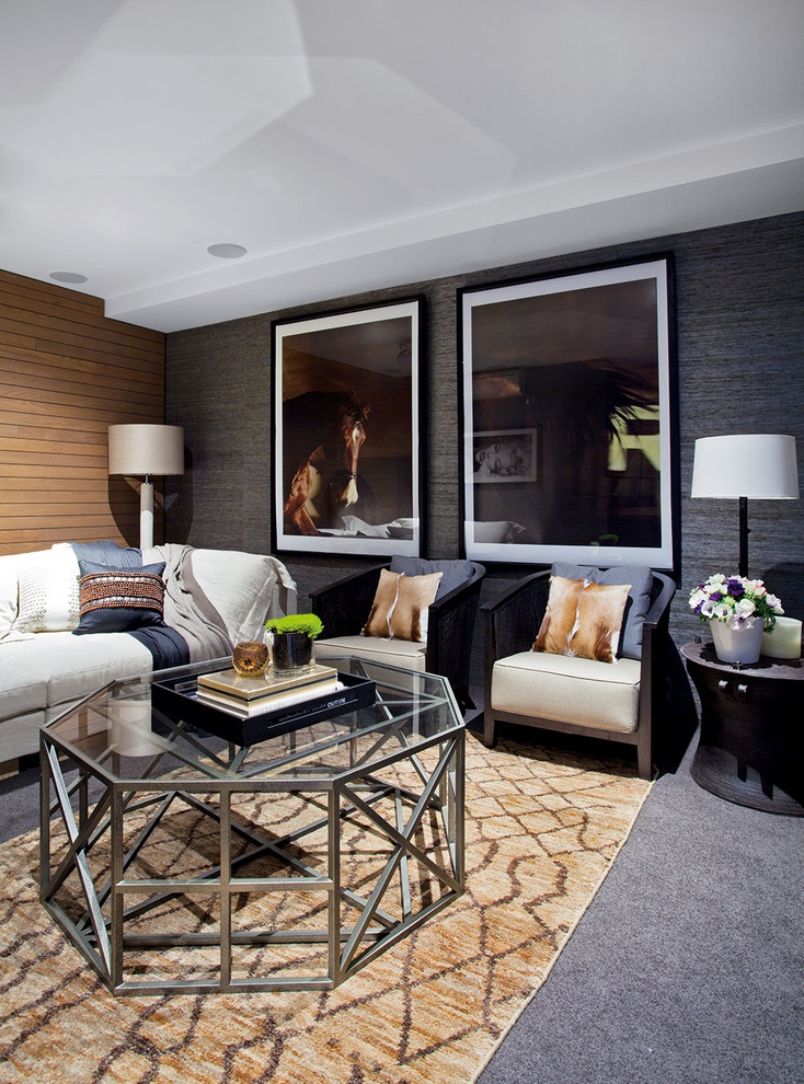 Modernes Wohnzimmer mit grauer Wandfarbe und Teppichboden in Sydney