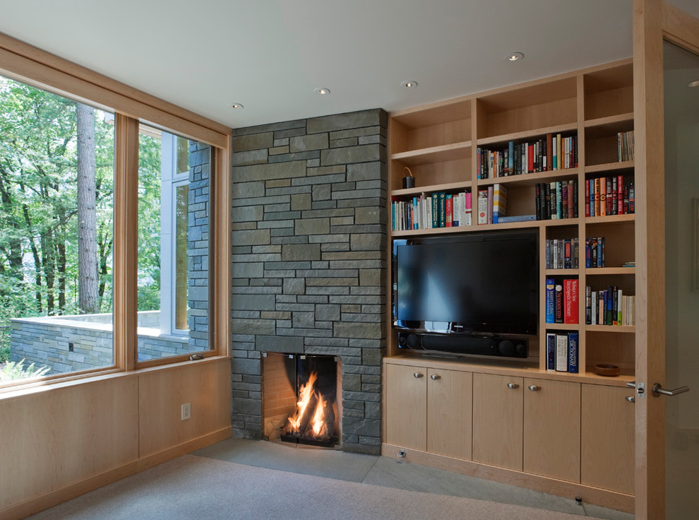 Modelo de sala de estar con biblioteca cerrada actual con moqueta, todas las chimeneas, marco de chimenea de piedra y pared multimedia