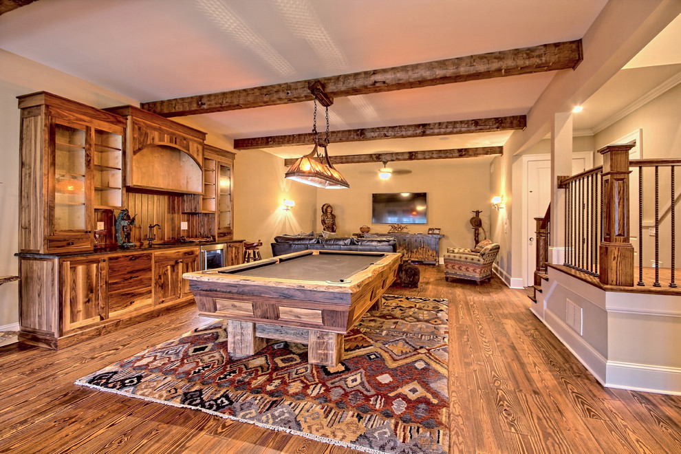 Example of a large arts and crafts enclosed light wood floor game room design in Atlanta with beige walls, no fireplace and no tv