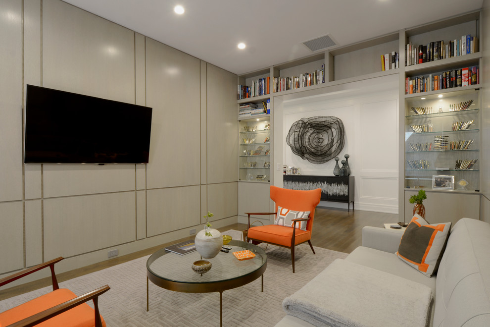 Modelo de sala de estar con biblioteca contemporánea con televisor colgado en la pared