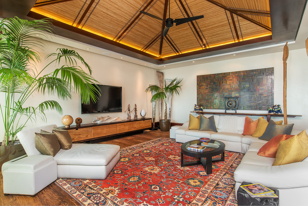 Ejemplo de sala de estar tropical sin chimenea con paredes blancas, suelo de madera en tonos medios, televisor colgado en la pared y alfombra